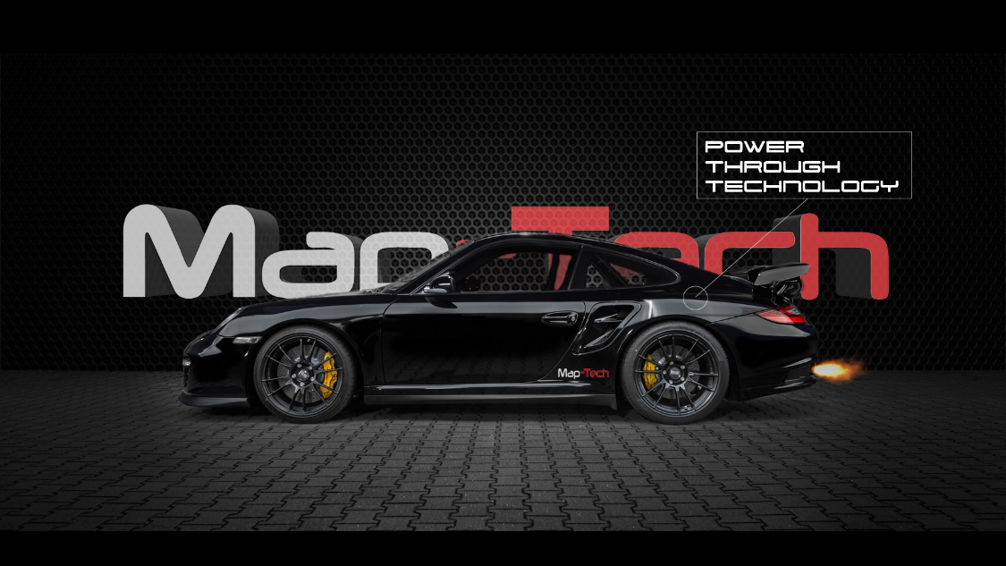Map-Tech brand artwork: the Map-Tech logo with a black Porsche 911 on a dark tread background